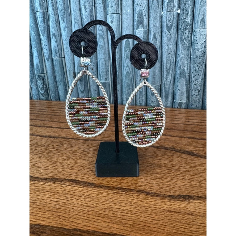 Brighton Wonderland Beaded Teardrop Earrings Silver Tone Earth Tone Seed Bead
